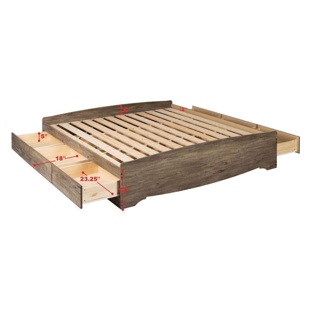 Coastal Drifted Gray King Platform Bed with 6 Storage Drawers