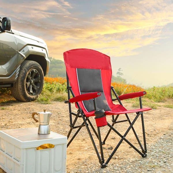 VAMOP Red Steel Folding Lawn Chair with High Back and Cup Holder