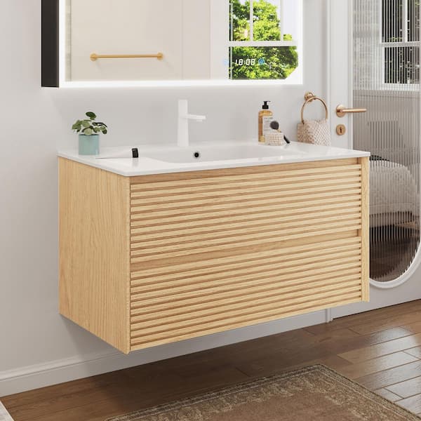 36 in. W Floating Bathroom Vanity in Brown Walnut with White Ceramic Top
