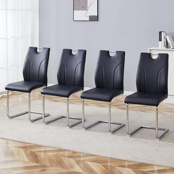 Black PU Leather Upholstered Dining Chairs with Silver Metal Legs (Set of 4)