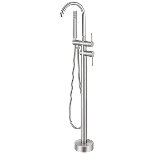Double-Handle Claw Foot Tub Faucet Freestanding Floor Mount Roman Tub Faucet with Waterfall Spout in Brushed Nickel