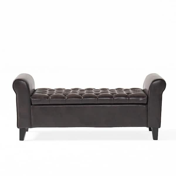 Noble House Keiko Tufted Brown Leather Armed Storage Bench