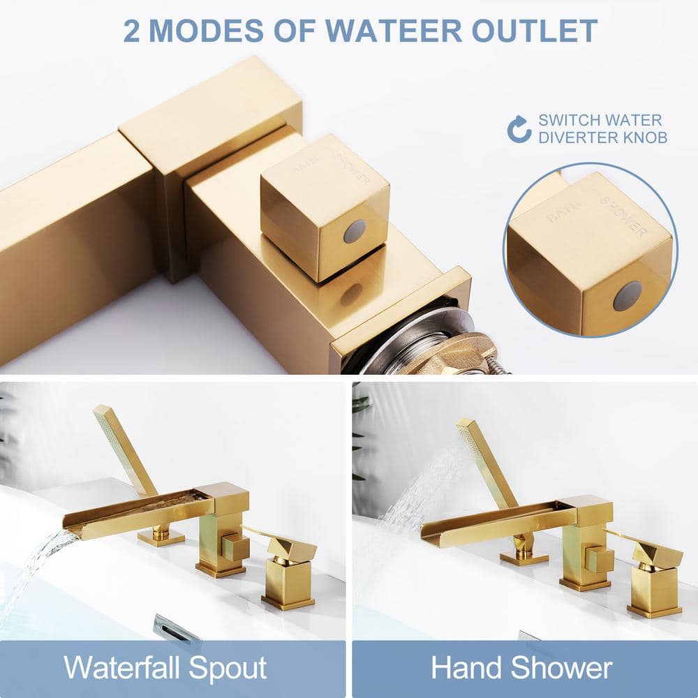 Brushed Gold Modern Waterfall Tub Deck Faucet with Hand Shower