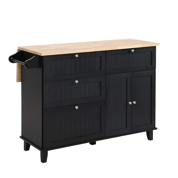 Black Wood 50.3 in. Kitchen Island Cart with 2 Dining Stools, Drop Leaf, 4 Drawers, Adjustable Shelf, and Towel Rack