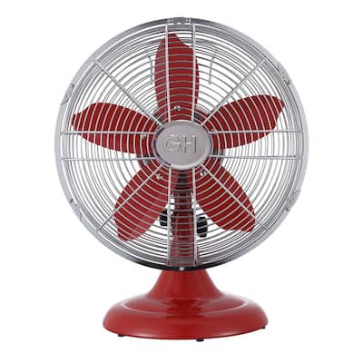 Retro 12 in. All-Metal Table/Desk Fan with 3-Speed Settings, Wide Oscillation, and Carrying Handle in Crimson Red
