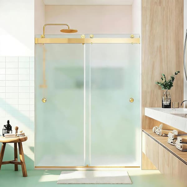 56-61 in. W x 76 in. H Double Sliding Frameless Shower Door Brushed Gold with 3/8 in. Frosted Glass, 2-Finger Pulls