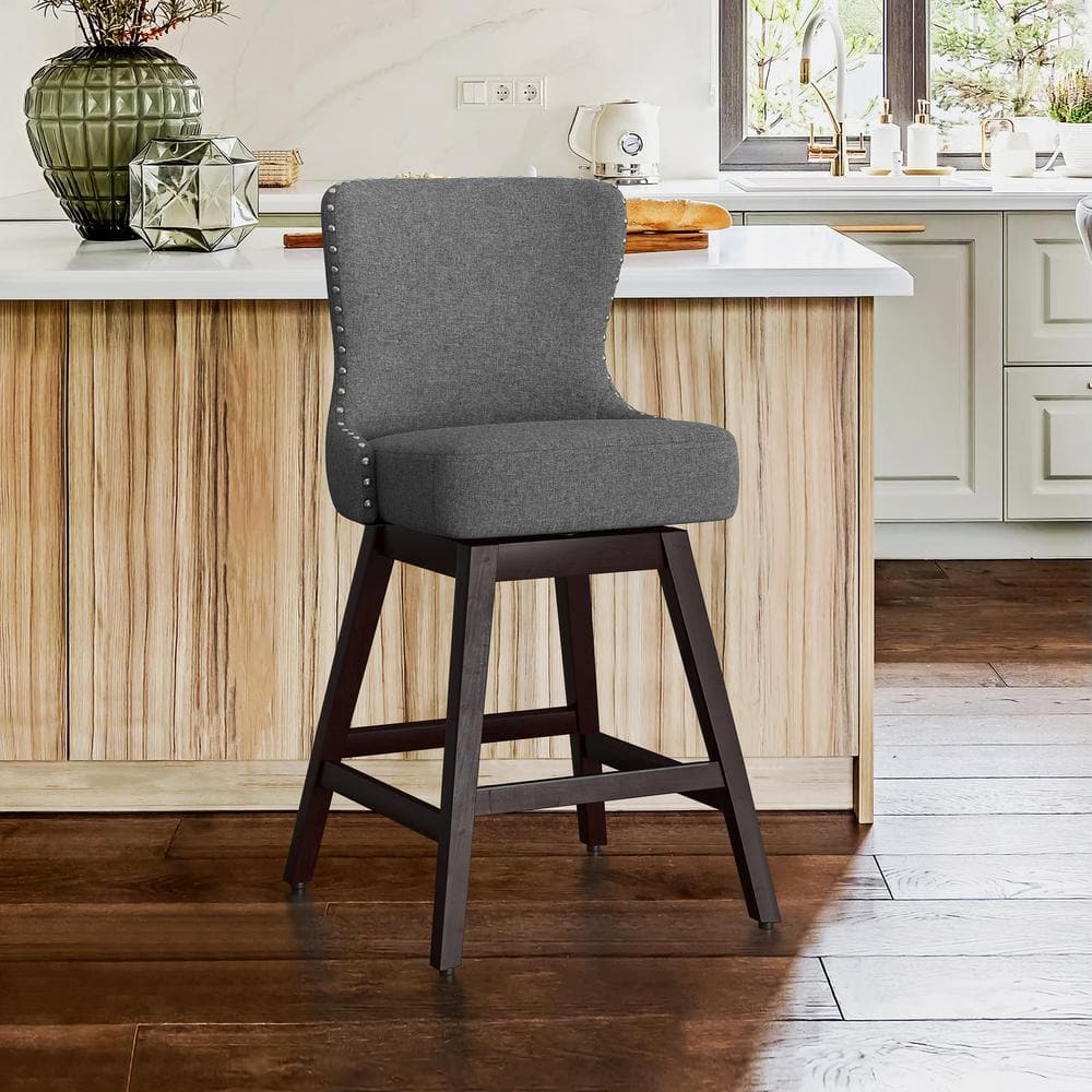 cozyman Zola 26 in. Gray Wood Frame Fabric Upholstered Swivel Bar Stool ...