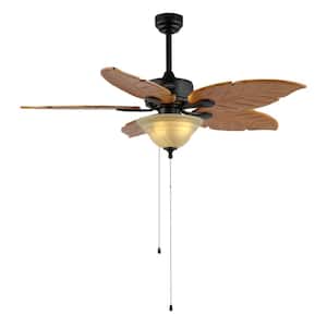 Poinciana 52 in. 3-Light Coastal Bohemian Indoor, Light Brown Iron/Wood Palm Leaf LED Ceiling Fan with Pull Chain