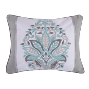 Legacy Teal, Grey, White Embroidered Paisley 18 in. x 14 in. Throw Pillow