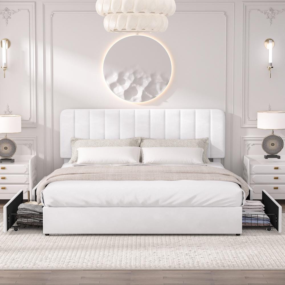 VECELO Platform Storage Bed White Metal Plus Wood Bed Frame King ...