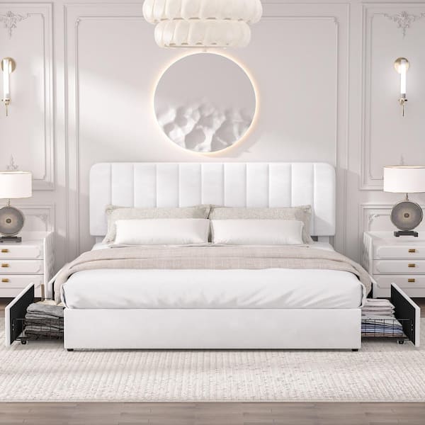 VECELO Platform Storage Bed White Metal Plus Wood Bed Frame King Platform Bed with Velvet Upholstered Headboard and 4-Drawers
