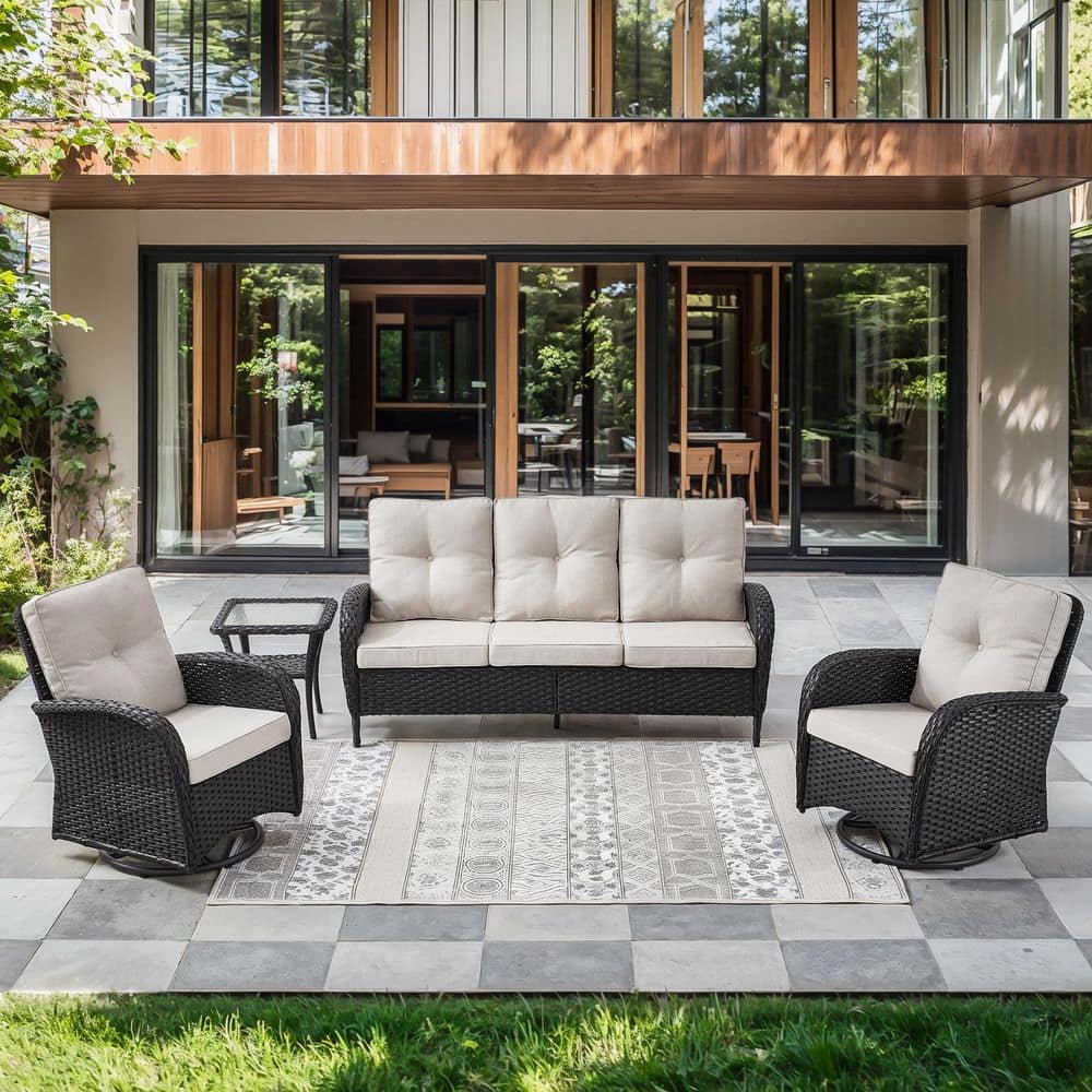 PlainCurve Brown 4-Piece PE Wicker Patio Conversation Set with Olefin Beige Cushions and Side Table price history on PriceWatchPro