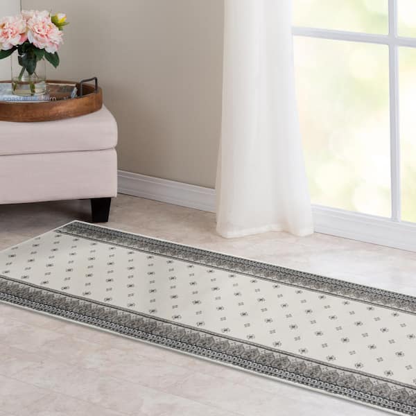 Kurdamir Fleur de Lis Oyster/Chalk 33 in. x Your Choice Length Stair Runner Rug