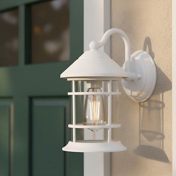 Harbor Glen 11.38 in. 1-Light Matte White Outdoor Hardwired Wall Lantern Sconce with Clear Glass Shade