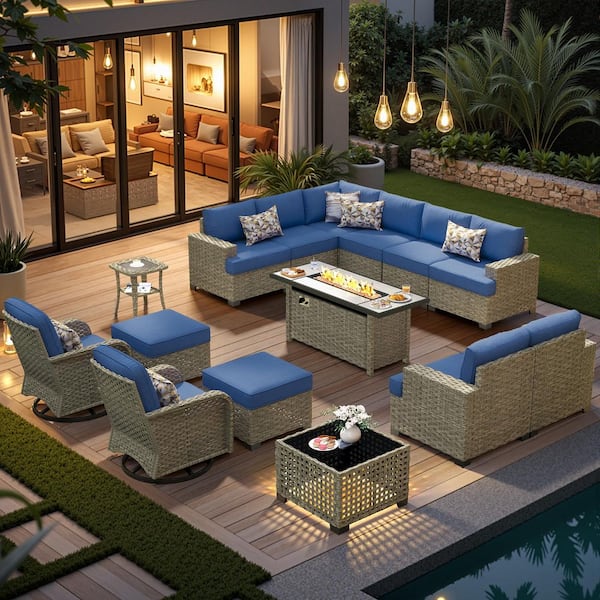 Sentinel 15-Pieces Wicker Outdoor Patio 54 in. Rectangular Fire Pit Set Swivel Rocking Chairs with Navy Blue Cushions