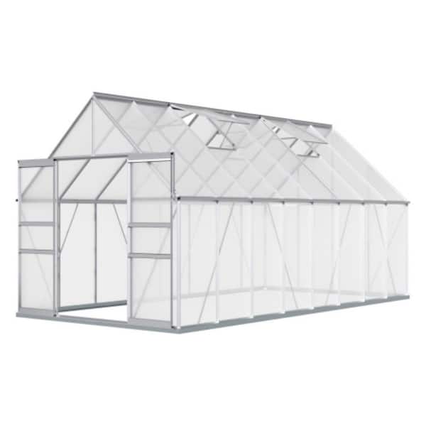 Clihome 8 ft. W x 16 ft. D x 8 ft. H Walk-in Polycarbonate Greenhouse in White with Roof Vent, Sliding Doors for Garden Backyard