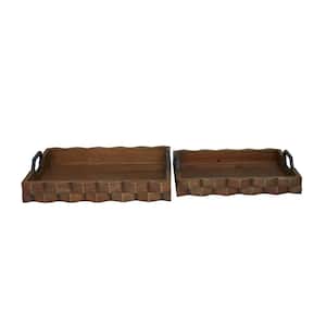 Dark Brown Wood Decorative Tray with Metal Handles (Set of 2)
