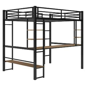 URTR Black Full Size Loft Bed Frame with Long Desk and Storage Shelves ...