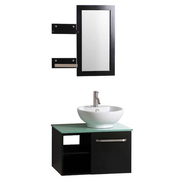 Sheffield Home Palma 27.5 in. W x 18.5 in. D Floating Vanity in Espresso w/ Frosted Glass Top and White Basin, Side Shelves and Mirror