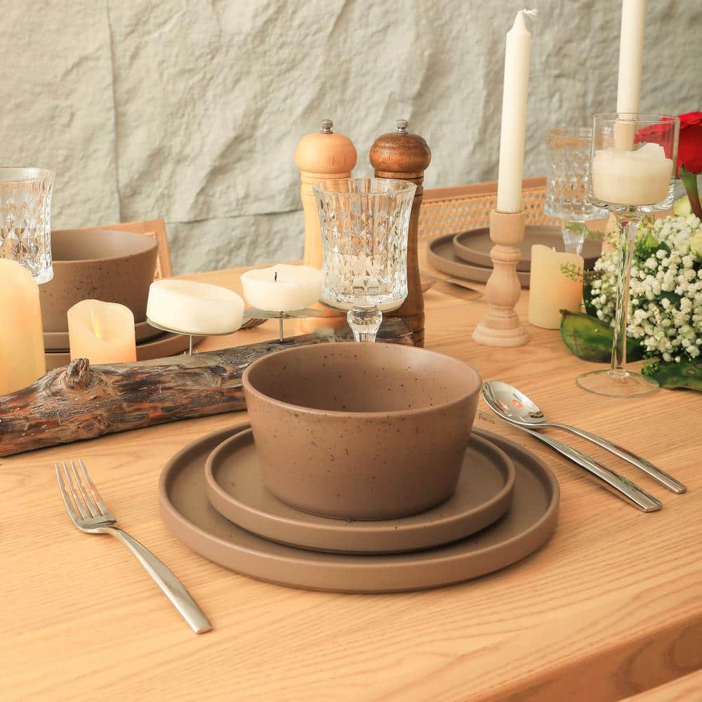 Matte Brown Porcelain Outdoor Dinnerware Set, Service for 4