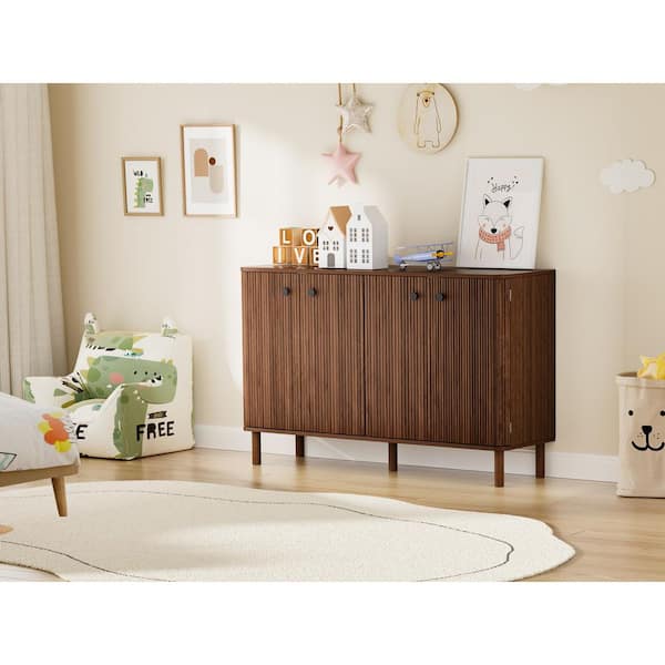 Wavagoo 55 in. W x 15.7 in. D x 34 in. H Assembled Base Kitchen Sideboard Buffet Cabinet in Walnut and 4 Doors