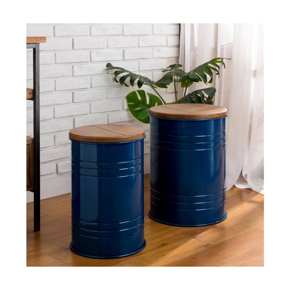Hunter Green Round Metal & Wood Storage Accent Table Set