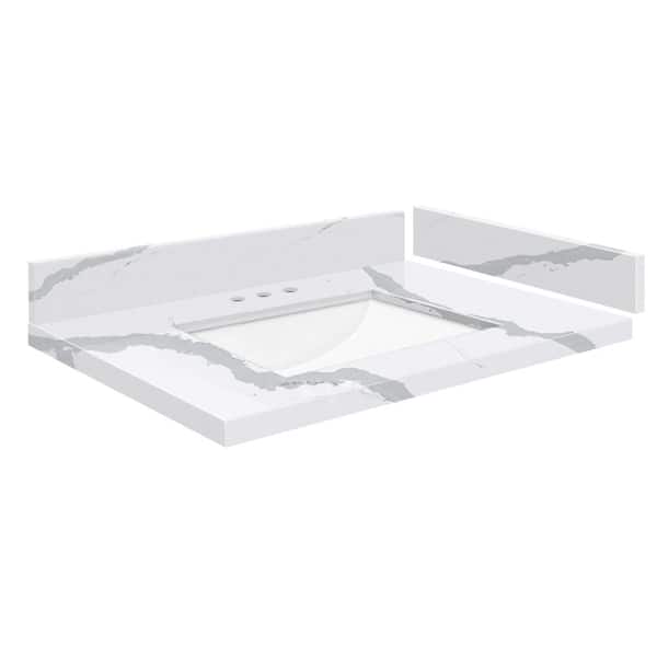 Transolid Silestone 27.5 in. W x 22.25 in. D Quartz White Rectangular Single Sink Vanity Top in Bianco Calacatta