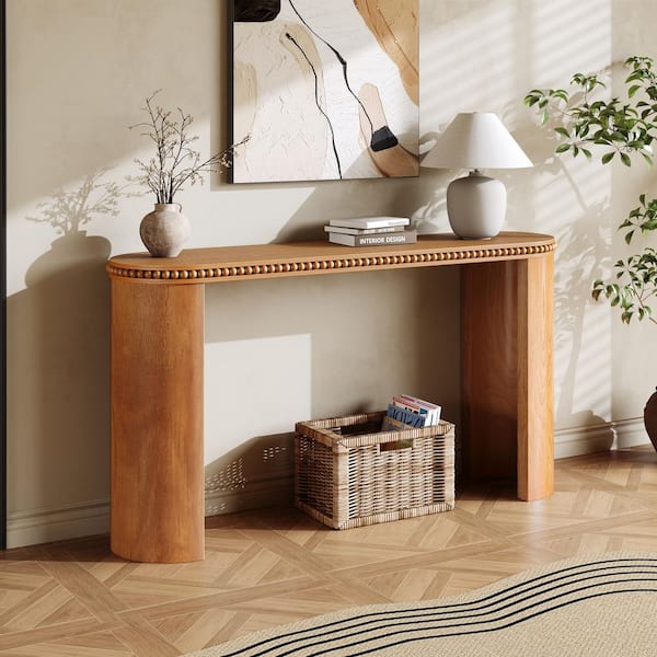 Harper & Bright Designs 59.8 in. Brown Specialty Wood Console Table with Beaded Trim, Reversible Curved Column Legs for Hallway, Living Room