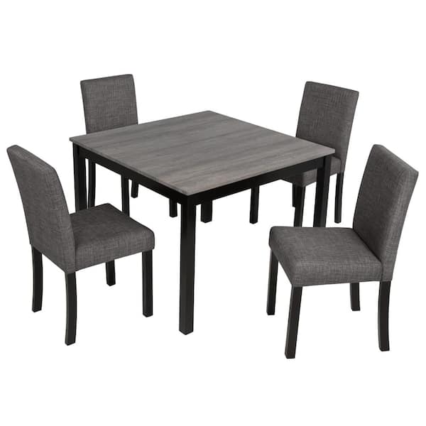 5 Piece Square Wood Top Dining Table Set with Light Grey & Black Two Tone Upholstered Chairs Seats 4