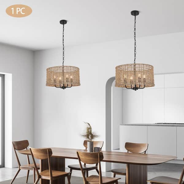 OUKANING 60-Watt 4-Light Brown Rattan Shaded Pendant Light OUKANING 60-Watt 4-Light Brown Rattan Shaded Pendant Light