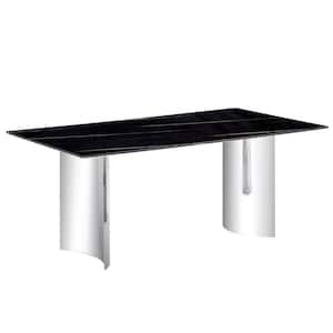 Black/Sliver Imitation Marble Glass Sticker Top 71 in. Double Pedestal Dining Table Seats for 6