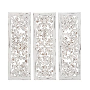 Handmade Rectangle Floral Intricately Carved White Wall Decor (Set of 3)
