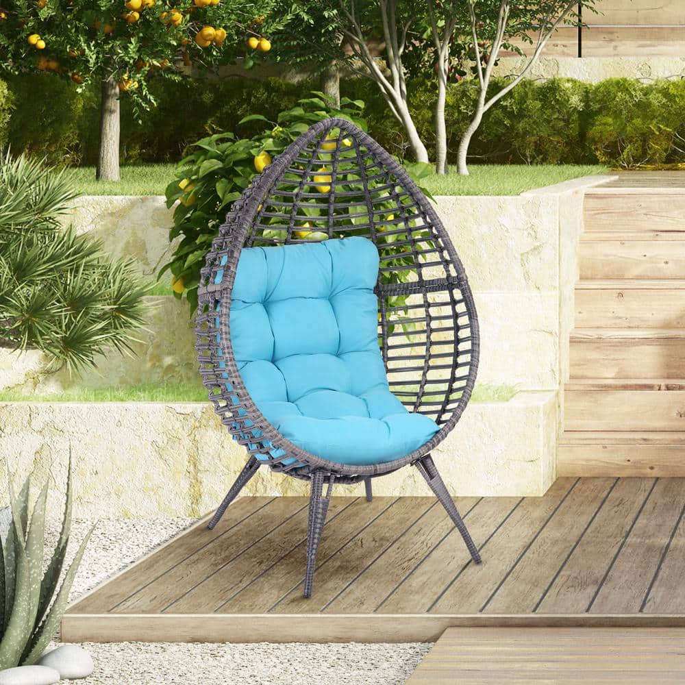 Boho Chic Light Blue PE Rattan Wicker Egg Lounge Chair