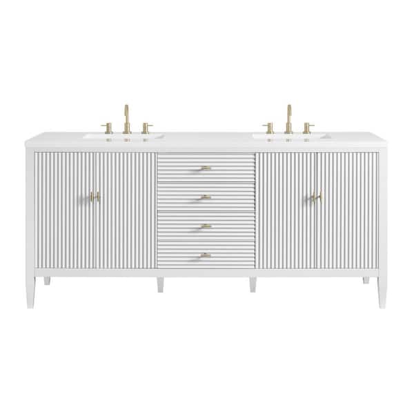 James Martin Vanities Myrrin 72.0 in. W x 23.5 in. D x 34.06 in. H Double Bathroom Vanity in Bright White with White Zeus Quartz Top