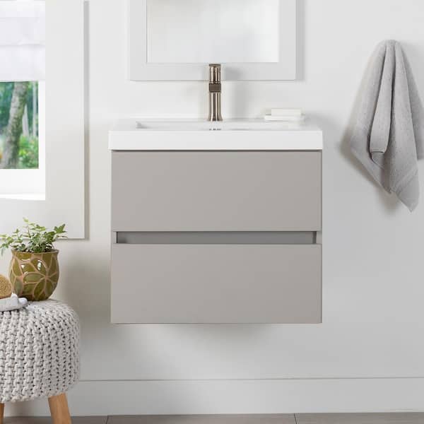 Domani Rawlins 25 in. W x 19 in. D x 22 in. H Single Sink Floating Bath Vanity in Gray with White Cultured Marble Top