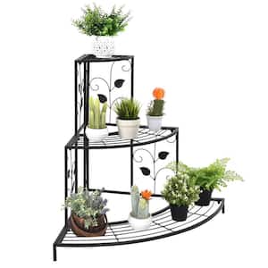 34 in. Tall Indoor/Outdoor Black Steel Plant Stand 3-Tiered