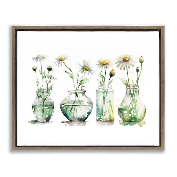 Stupell Industries Glass Vases Daisies by Svetlana Aleynikova Brown Floater Frame Nature Graphic Art Print 17 in. x 21 in.