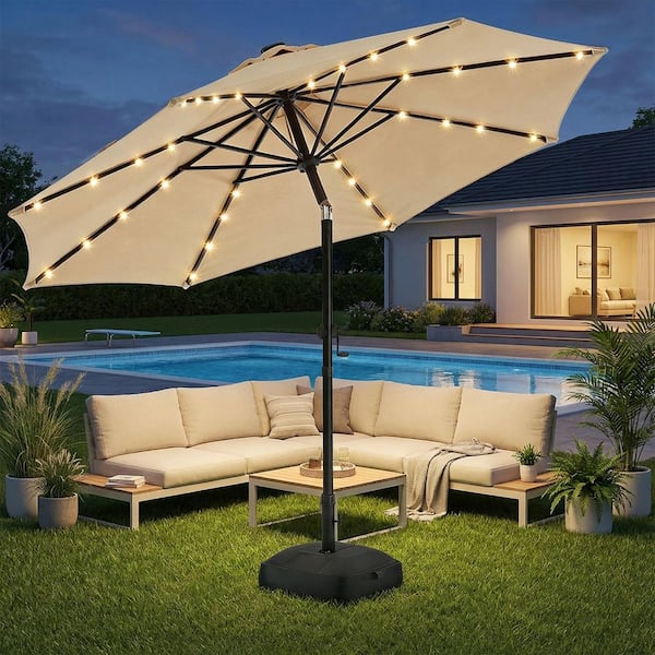 lohasco 10 ft. Solar LED Lighted Market Patio Umbrella with Base in Beige lohasco 10 ft. Solar LED Lighted Market Patio Umbrella with Base in Beige