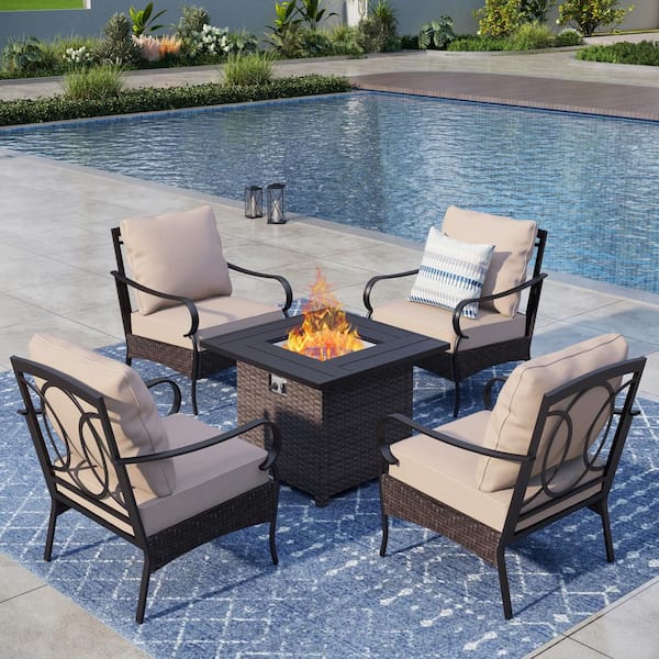 PHI VILLA Brown Rattan Wicker 4 Seat 5-Piece Steel Outdoor Fire Pit Patio Set with Beige Cushions, Rattan Square Fire Pit Table