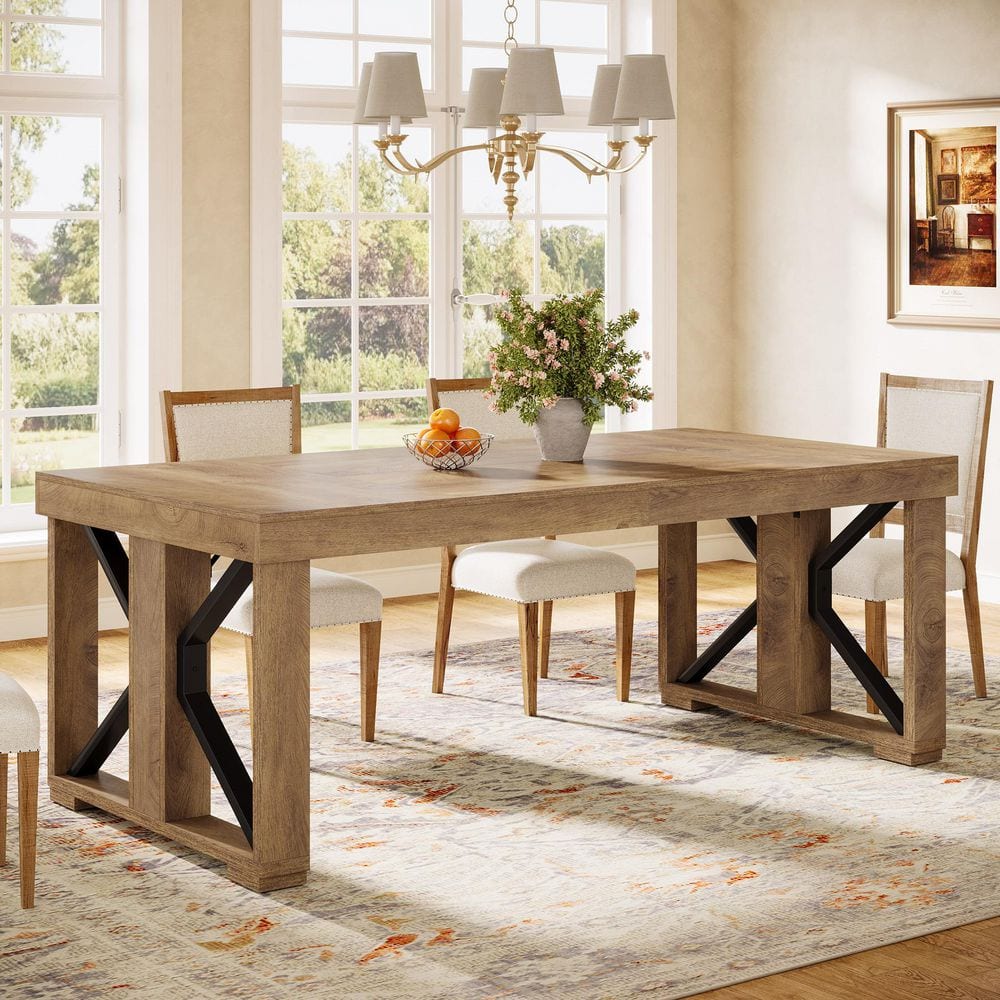 Farmhouse Light Brown 70.87 in. Wood Double Pedestal Dining Table Seats 8, Rectangle Dining Room Table for Kitchen