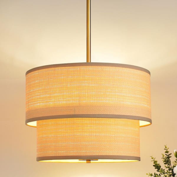 18 in. 5-Light 40W Height Adjustable Gold Finish Boho Ceiling Traditional Cylindrical Natural Woven Grass Pendant Light