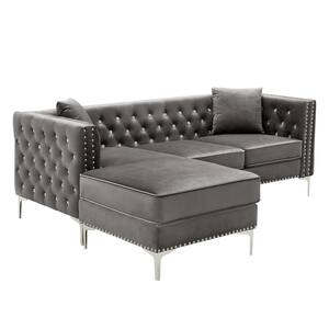 82.3 in. W Square Arms 2-Piece L Shaped 3-Seats Reversible Velvet Sectional Sofa in Gray