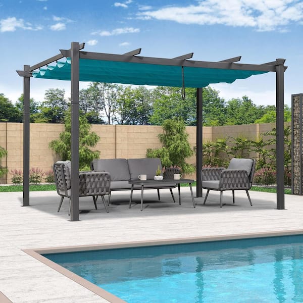 PURPLE LEAF 11 ft. x 13 ft. Gray Aluminum Frame Outdoor Patio Pergola with Blue Retractable Sun Shade Canopy for Porch Garden Beach