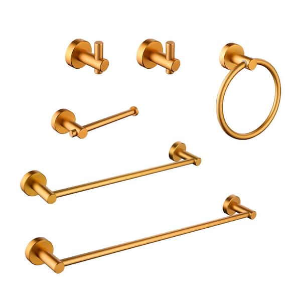 Boyel Living 6-Pieces Bath Hardware Set with Towel Bar x 2, Toilet Paper Holder, Robe Towel Hook x 2 and Towel Ring in Gold