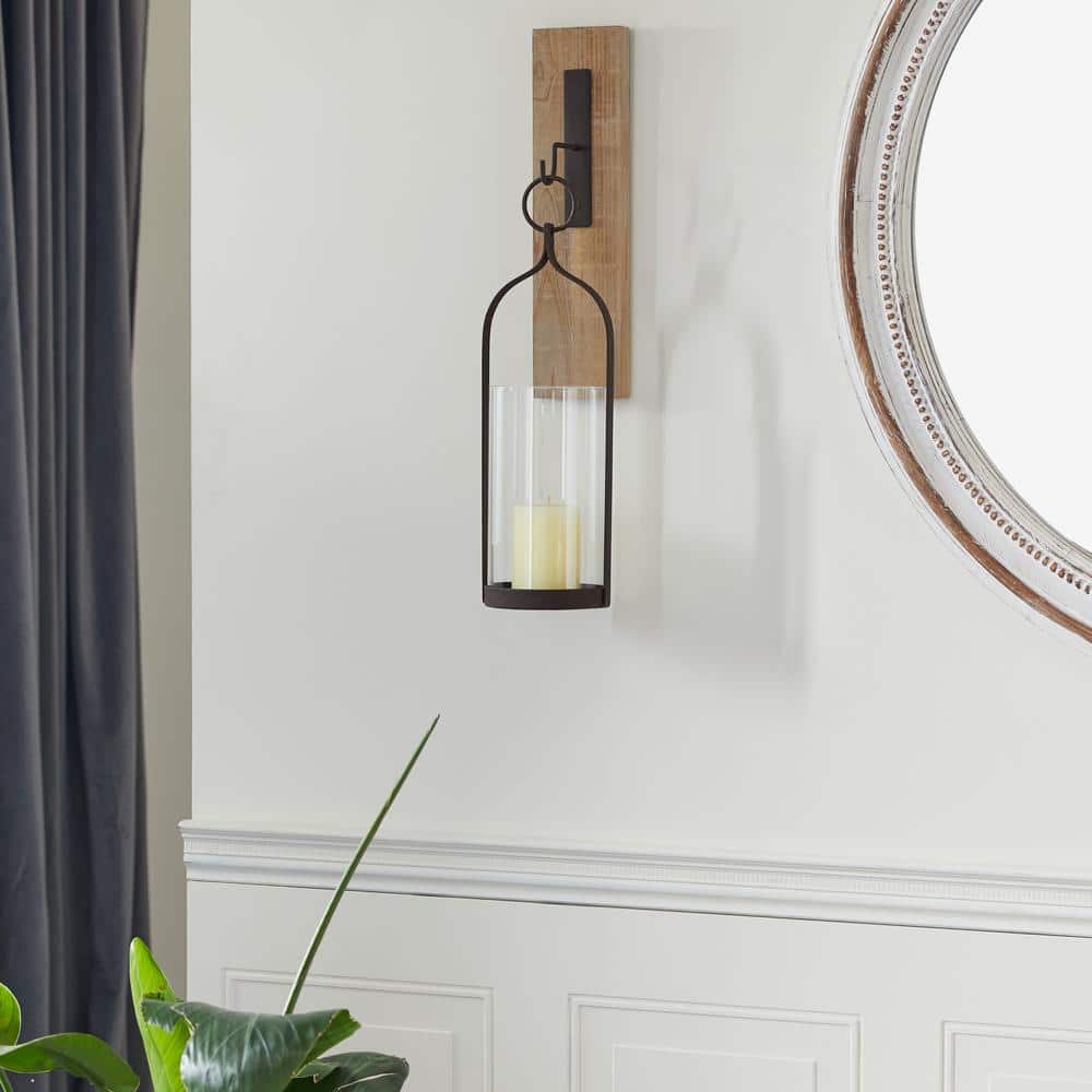 Elegant Black Wood and Glass Hanging Candle Lantern Sconce 22.75"