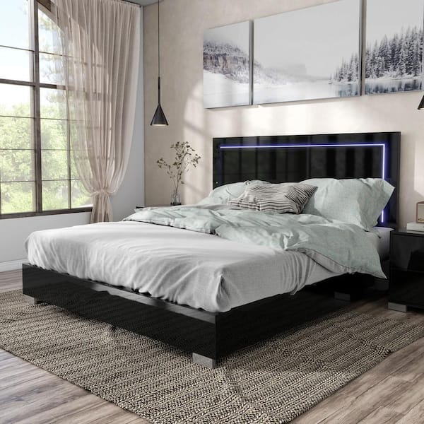 Mesala Piano Black Wood Frame Eastern King Panel Bed with LED on Headboard