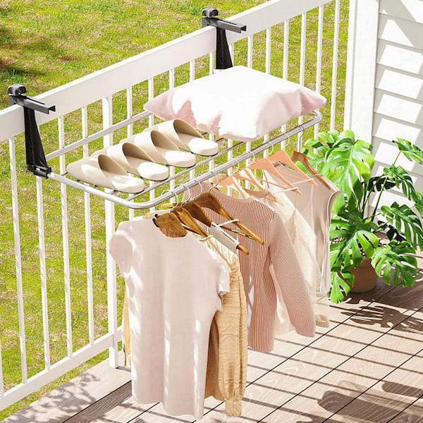 White 31 in. W x 17 in. D x 9 in. H Portable Metal and Plastic Wall Mounted Drying Rack Aluminum Towel Rack