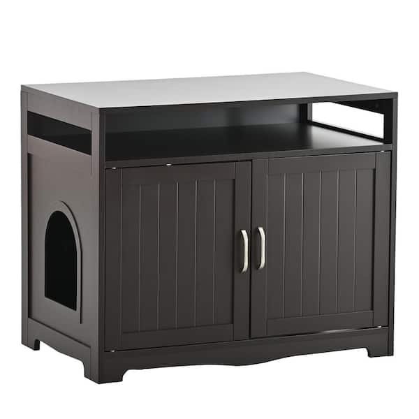 Cat Litter Box Furniture with Hidden Plug, 2 Doors, Indoor Cat Washroom Storage Bench Side Table Cat House