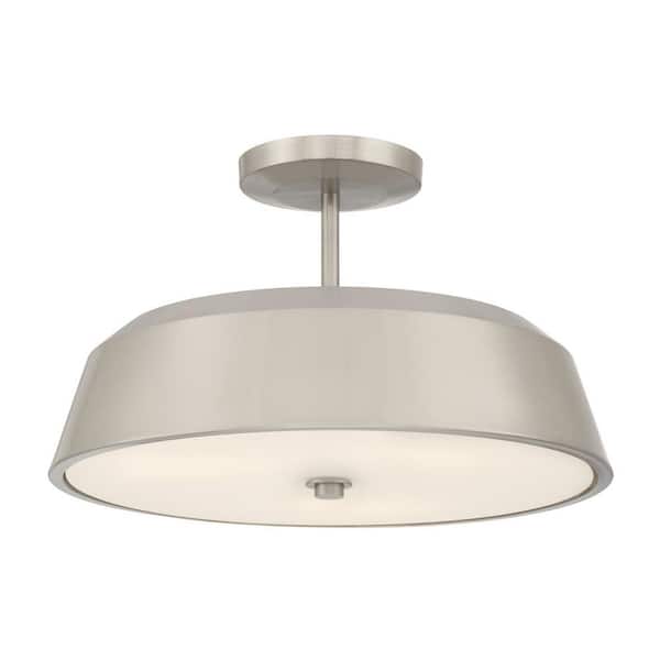 Trellwyn 15 in. 3-Light Brushed Nickel Transitional Semi-Flush Mount with Etched White Glass Shade, No Bulb Included