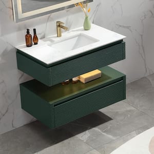 36 in. W x 20.7 in. D x 19.6 in. H Floating Single Sink Solid Oak Bath Vanity in Green with White Marble Top and Lights